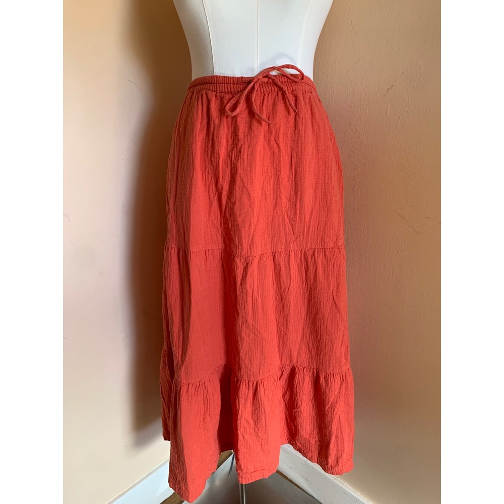 Pact Organic Cotton Tiered Maxi Skirt Burnt Orange Small Elastic Waist Pockets
